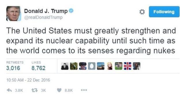 Amerika Serikat harus memperkuat dan meningkatkan kemampuan nuklir, tulis Trump