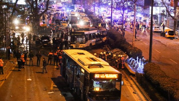 Emergency workers respond at the scene after an explosion in Ankara