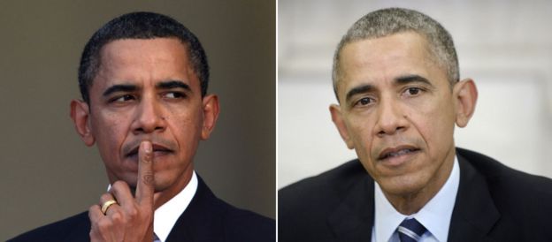 Barack Obama, shortly after his inauguration (R) and earlier this year (L)