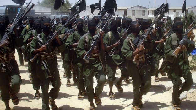 A file photo taken on February 17, 2011 shows Islamist fighters loyal to Somalias Al-Qaida inspired al-Shebab group performing military drills at a village in Lower Shabelle region, some 25 kilometres outside Mogadishu