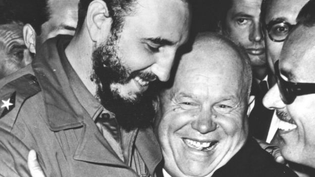 Fidel, left, is embraced by Soviet Premier Nikita Khrushchev in the United Nations General Assembly on 20 September 1960.