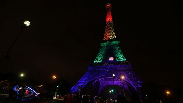 The Eiffel Tower in Paris lit up in rainbow colours in tribute to the victims of the Orlando shooting in Florida