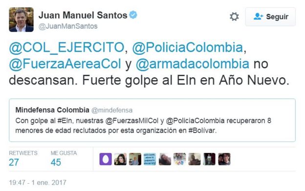Tuit de Juan Manuel Santos