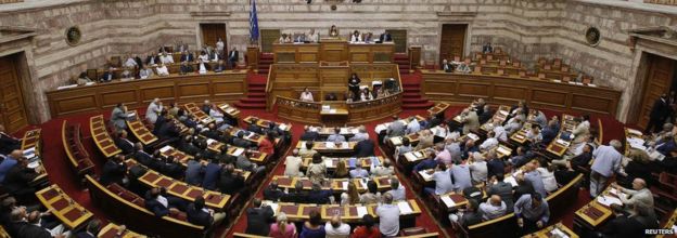 A general view shows the Greek parliament plenary chamber during a parliamentary session in Athens, Greece, on 14 August, 2015.