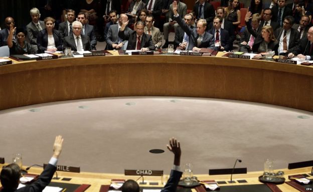 Members of the United Nations Security Council (UNSC) vote on a resolution in New York on 29 July