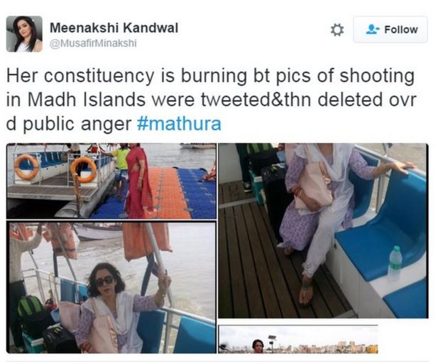 Her constituency is burning bt pics of shooting in Madh Islands were tweeted&thn deleted ovr d public anger #mathura