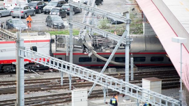 The derailed train at Lucerne station, Switzerland, 22 March 2017
