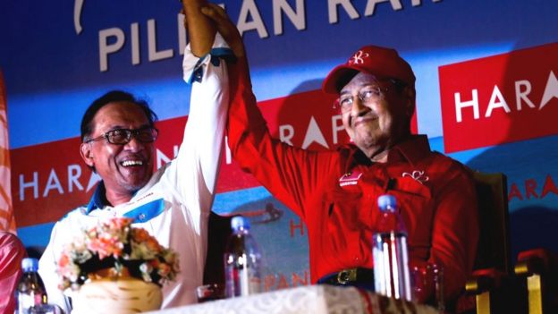 Malaysian Prime Minister Tun Mahathir Mohamad (R) raises up Anwar Ibrahim's hand