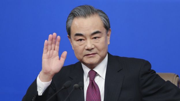 China's foreign minister Wang Yi attends a press conference at Media Center on March 8, 2017 in Beijing, China