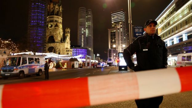 Police secure the area at the site of an accident at a Christmas market in Berlin