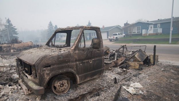 A burnt-out car in Fort McMurray, Canada