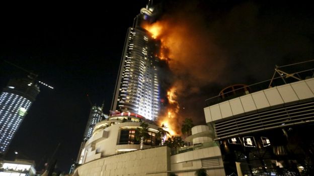 A fire engulfs The Address Hotel in downtown Dubai in the United Arab Emirates December 31, 2015