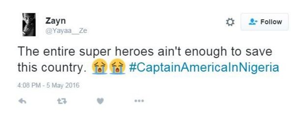 Sceptical Captain America in Nigeria tweet