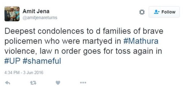 Deepest condolences to d families of brave policemen who were martyed in #Mathura violence, law n order goes for toss again in #UP #shameful