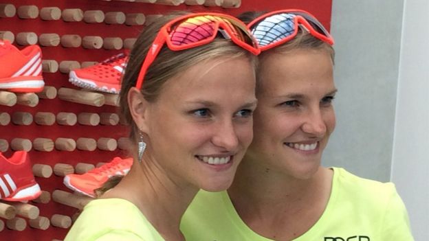 Marathon runners from Germany, identical twins (L-R) Anna and Lisa Hahner, in Rio on 11 August