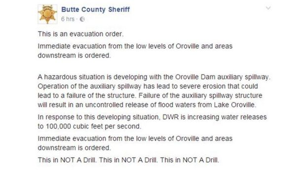 Oroville Dam risk: Thousands evacuate Californian homes