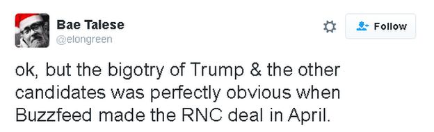 Bae Talese tweets: ok, but the bigotry of Trump and the other candidates was perfectly obvious when Buzzfeed made the deal in April