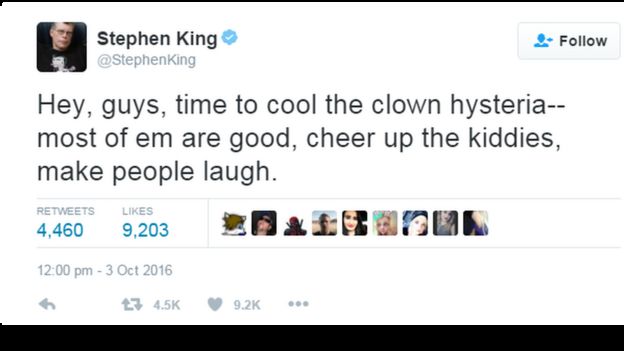This picture shows a tweet sent by the writer Stephen King, telling people to