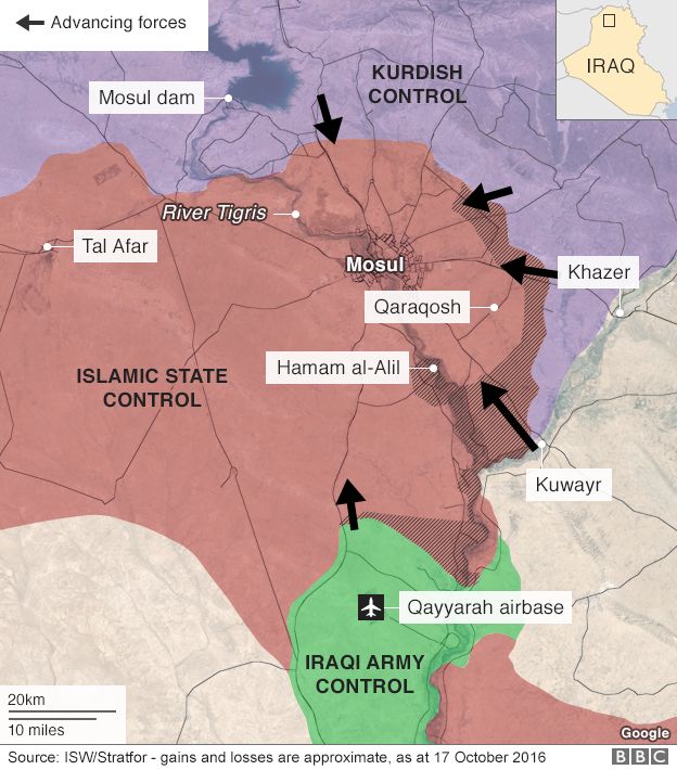 A map showing the Iraqi city of Mosul