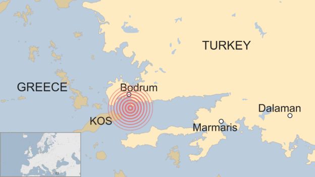 Map shows location of the 6.7-magnitude earthquake near the Greek island of Kos