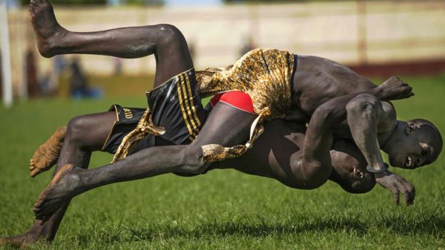 Two participants from Imatong and Terekeka counties take part of the South Sudan National Wrestling Competition for peace at Juba Stadium, on Wednesday 20 April 2016 2013.