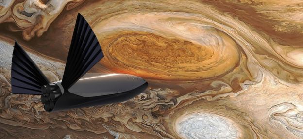 Imagen artística de una nave en Júpiter.