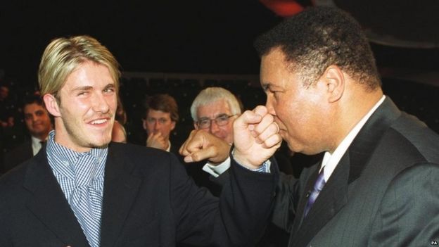 Ali meets footballer David Beckham after being named Sports Personality of the Century in 1999