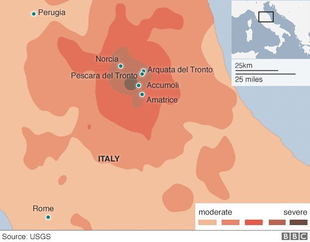 Map showing towns affected by the earthquake and their proximity to Perugia and Rome
