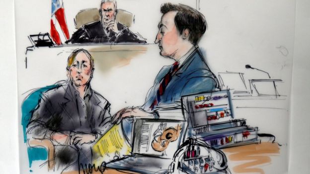 Plaintiff Michael Skidmore (L), on behalf of the estate of Randy Craig Wolfe, sits in federal court for a hearing in a lawsuit involving Led Zeppelin's rock classic song 