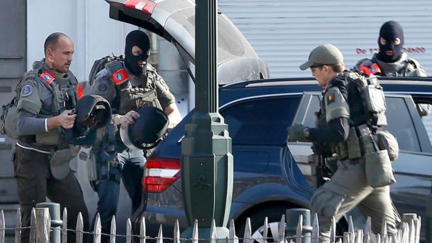 Security forces at the scene of a shoot-out in Brussels