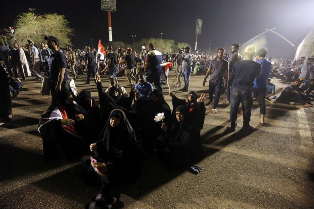 Protesters outside parliament in Baghdad, 30 April