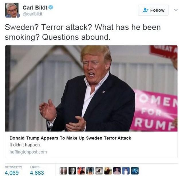 Former Swedish Prime Minister Carl Bildt tweet reads: 