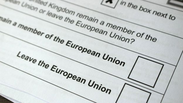 Una papeleta del referendo de Reino Unido para decidir quedarse o salir de la Unión Europea.