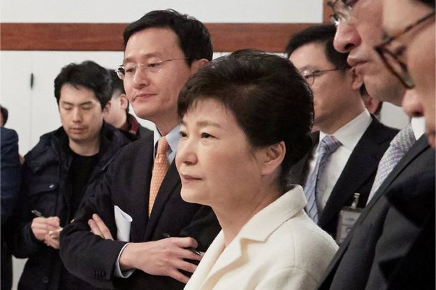 South Korean President Park Geun-hye listens to a reporter's question during a meeting with reporters at the Presidential Blue House in Seoul, South Korea, in this handout picture provided by the Presidential Blue House and released by Yonhap on 1 January 2017.