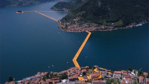 Aerial view of Floating Piers by Bulgarian-born artist Christo 18/06/2016