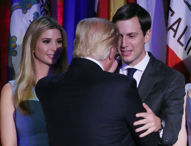 President-elect Donald Trump embraces son in law Jared Kushner (right), as his daughter Ivanka Trump, (left), stands by, after his acceptance speech on November 9, 2016 in New York City.