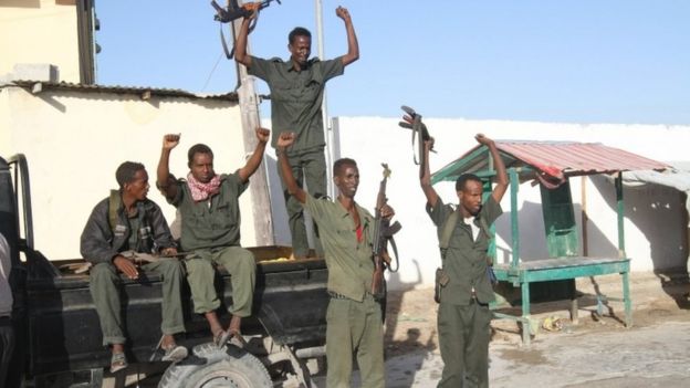 Somali soldiers celebrating Mr Mohamed's victory