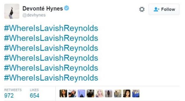 Devonte Hynes tweet repeating #WhereIsLavishReynolds