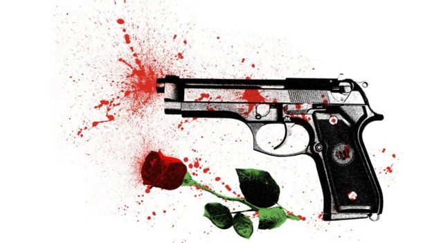 Ilustración de pistola disparando sangre y rosa.