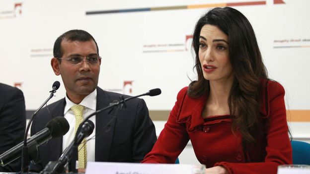 Amal Clooney of Doughty Street Chambers and President Nasheed of the Maldives attend a press conference at Doughty Street Chambers on January 25, 2016 in London, England