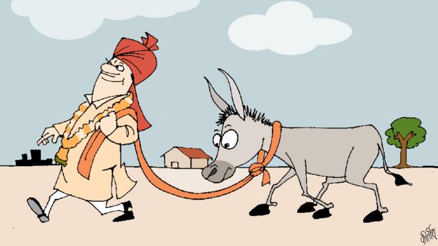Cartoon of man leading donkey
