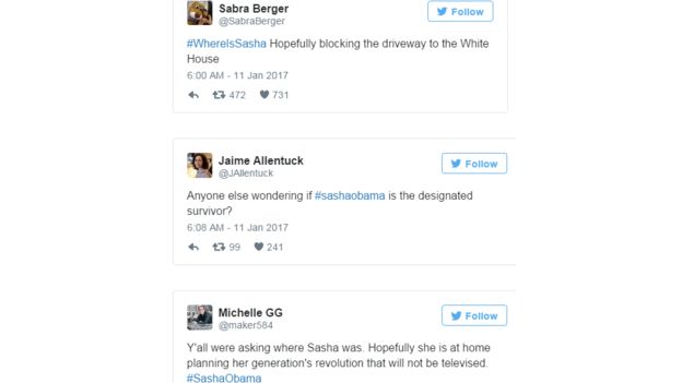 Ujumbe wa Twitter uliotumwa na baadhi ya raia nchini Marekani wakitaka kujua Sasha aliko