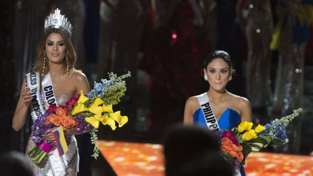 Miss Colombia 2015 Ariadna Gutierrez is mistakenly named Miss Universe 2015 instead of first runner-up during the 2015 during the 2015 MISS UNIVERSE show at Planet Hollywood Resort Casino, in Las Vegas, California