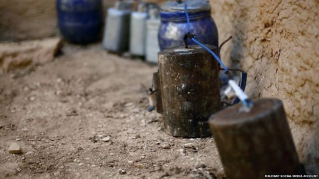 Close-up of explosives in the Temple of Baalshamin in the ancient city of Palmyra (photo released 25 August 2015)