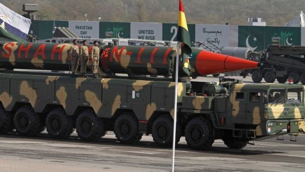A Pakistani-made Shaheen-III missile, that is capable of carrying nuclear warheads, is on display during a military parade to mark Pakistan's Republic Day, in Islamabad, Pakistan, Thursday, 23 March 2017.