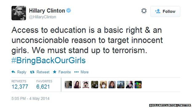 Tweet from Hillary Clinton reading: Access to education is a basic right & an unconscionable reason to target innocent girls. We must stand up to terrorism. #BringBackOurGirls