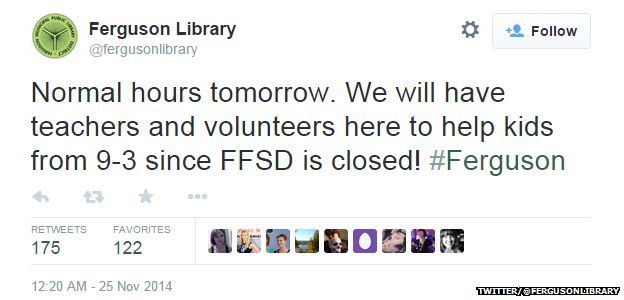 Tweet from @fergusonlibrary reading: "Normal hours tomorrow. We will have teachers and volunteers here to help kids from 9 - 3 since FFSD is closed! #Ferguson."