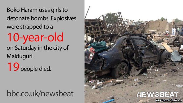 Burned out car and words reading: "Boko Haram uses girls to detonate bombs. Explosives were strapped to a 10-year-old on Saturday in the city of Maiduguri. 19 people died."