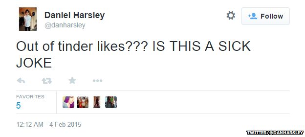 Twitter from @danharsley reading: "Out of tinder likes??? IS THIS A SICK JOKE"