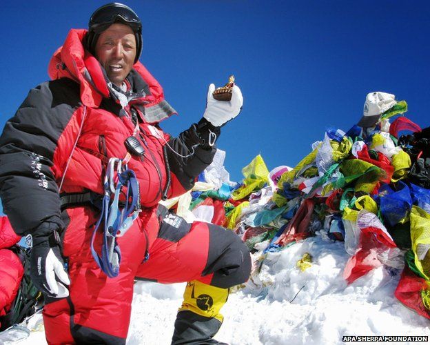 Apa Sherpa at the summit of Mount Everest